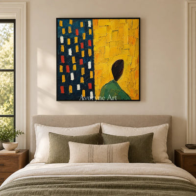 Golden Passage: Yellow Figure Abstract Wall Art — bedroom black