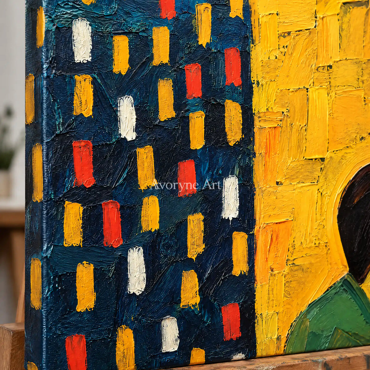 Golden Passage: Yellow Figure Abstract Wall Art — detail easel