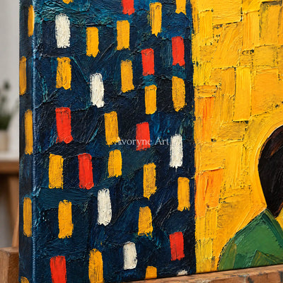 Golden Passage: Yellow Figure Abstract Wall Art — detail easel