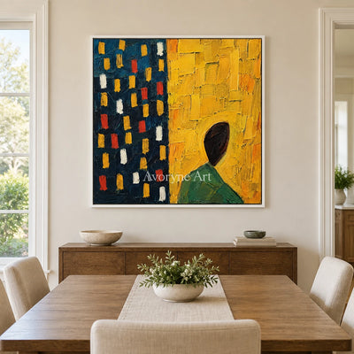 Golden Passage: Yellow Figure Abstract Wall Art — dining white