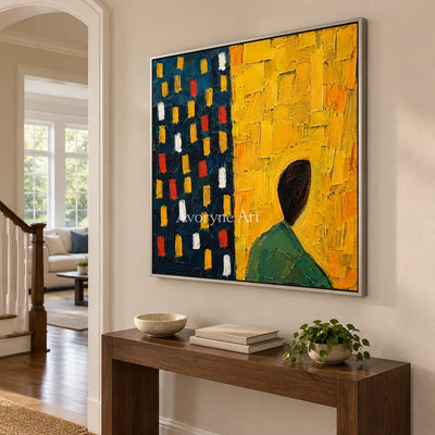 Golden Passage: Yellow Figure Abstract Wall Art — entry silver
