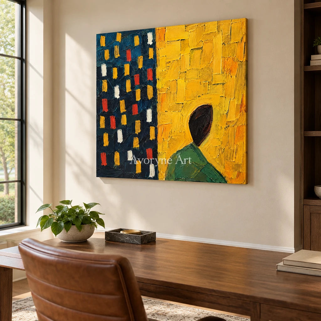 Golden Passage: Yellow Figure Abstract Wall Art — office frameless