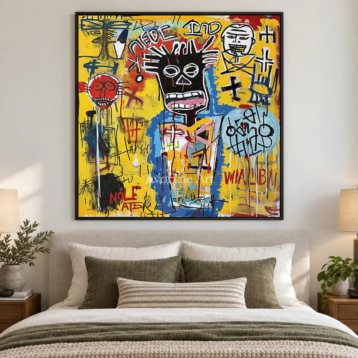 Restless Assembly: Yellow Graffiti Figure Wall Art — bedroom black