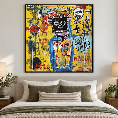 Restless Assembly: Yellow Graffiti Figure Wall Art — bedroom black