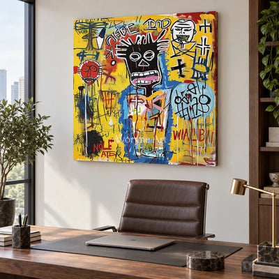 Restless Assembly: Yellow Graffiti Figure Wall Art — office frameless