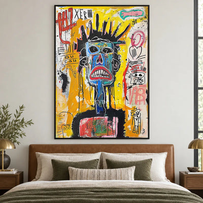 Electric Sentinel: Yellow Graffiti Mask Portrait Wall Art — bedroom black