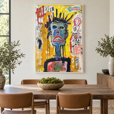 Electric Sentinel: Yellow Graffiti Mask Portrait Wall Art — dining white