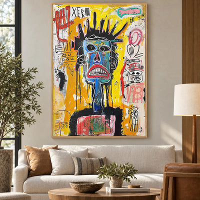 Electric Sentinel: Yellow Graffiti Mask Portrait Wall Art — hotel wood