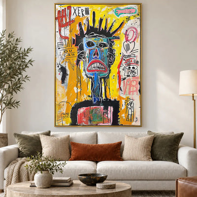 Electric Sentinel: Yellow Graffiti Mask Portrait Wall Art — living gold