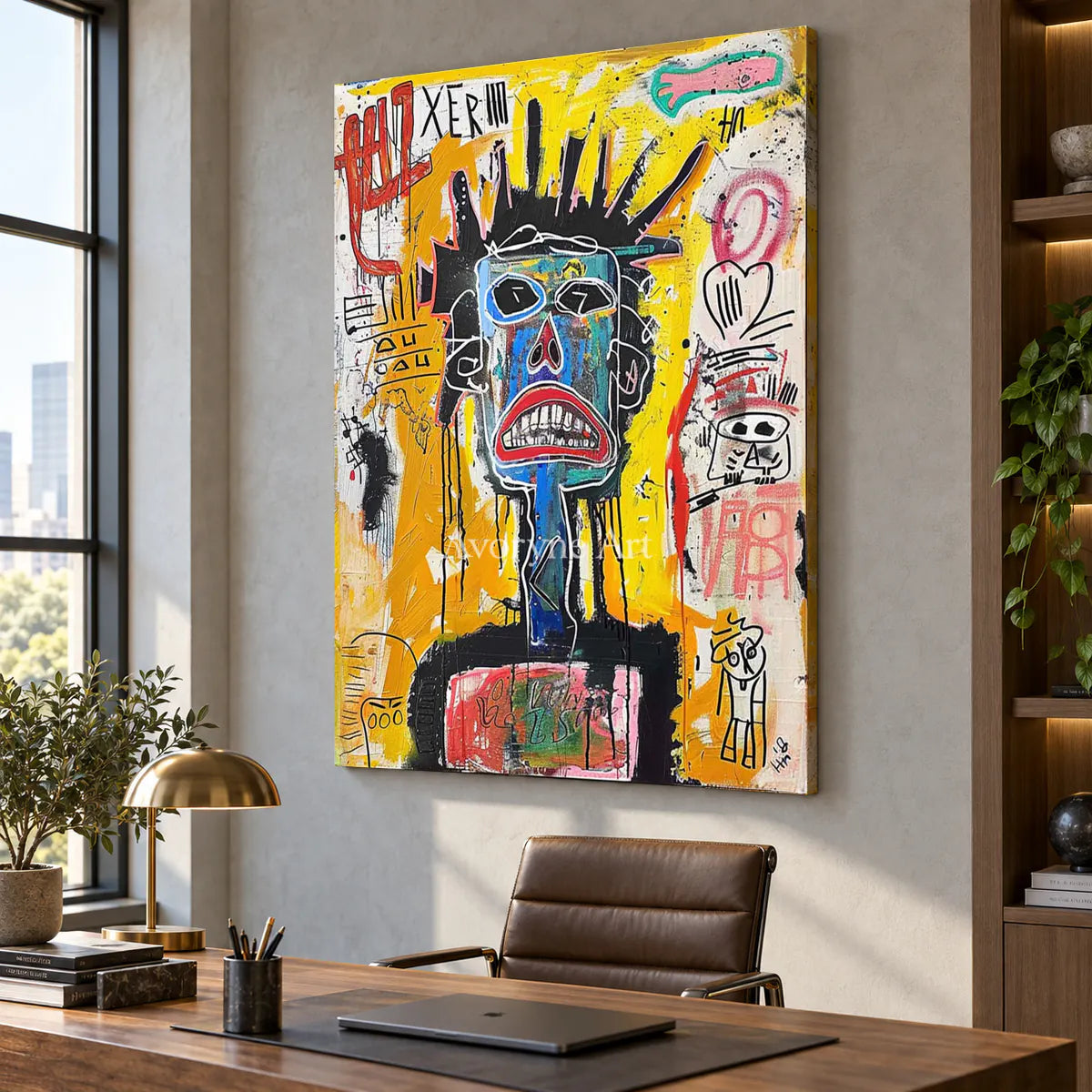 Electric Sentinel: Yellow Graffiti Mask Portrait Wall Art — office frameless