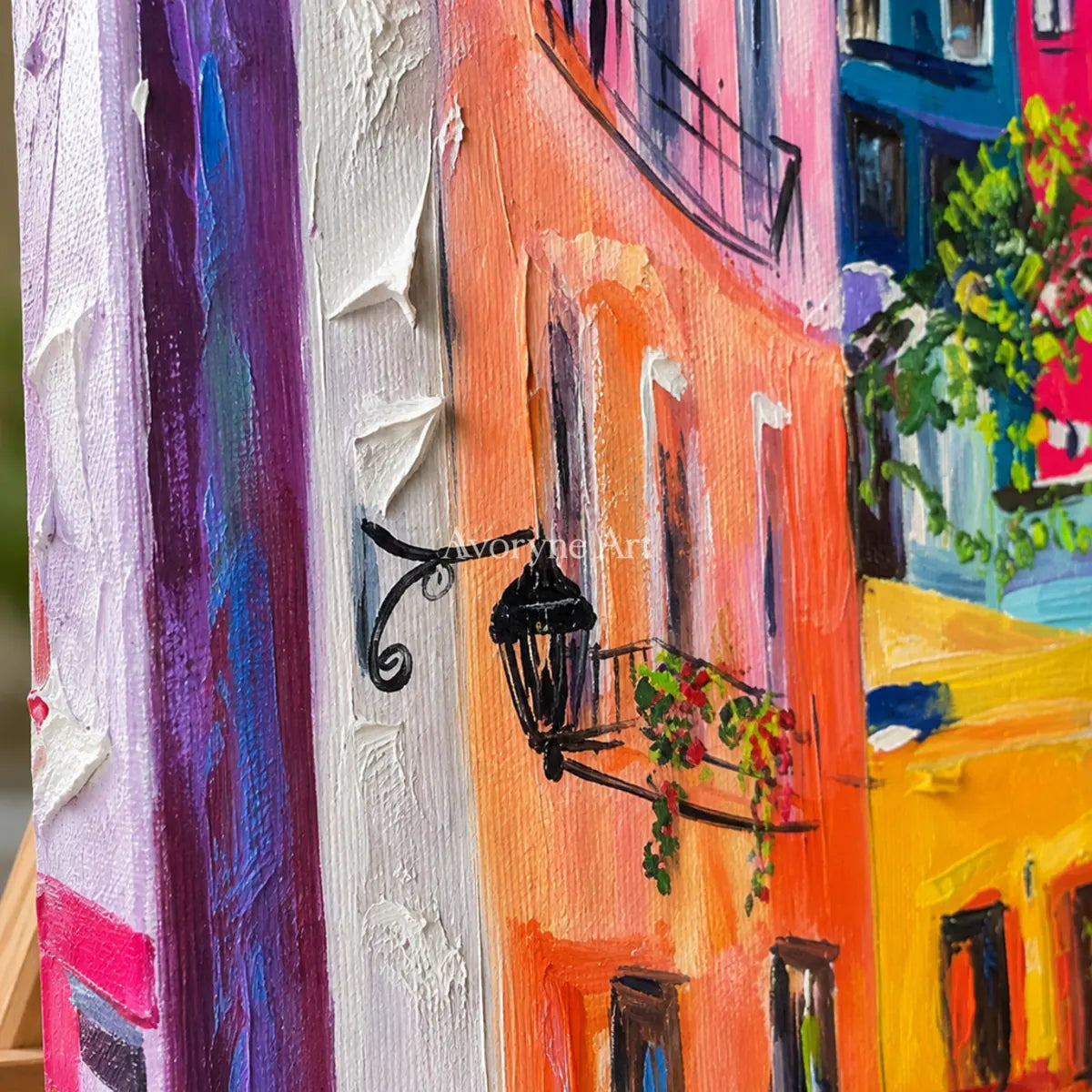 Sunlit Promenade: Yellow Impressionist City Wall Art — detail easel