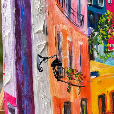 Sunlit Promenade: Yellow Impressionist City Wall Art — detail easel
