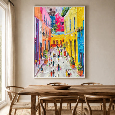 Sunlit Promenade: Yellow Impressionist City Wall Art — dining white