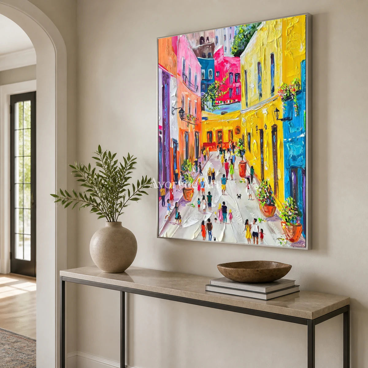 Sunlit Promenade: Yellow Impressionist City Wall Art — entry silver