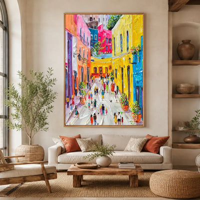 Sunlit Promenade: Yellow Impressionist City Wall Art — hotel wood