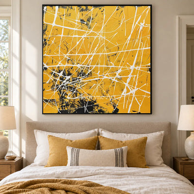 Yellow Frequency: Yellow Textured Abstract Wall Art with White Lines — bedroom black