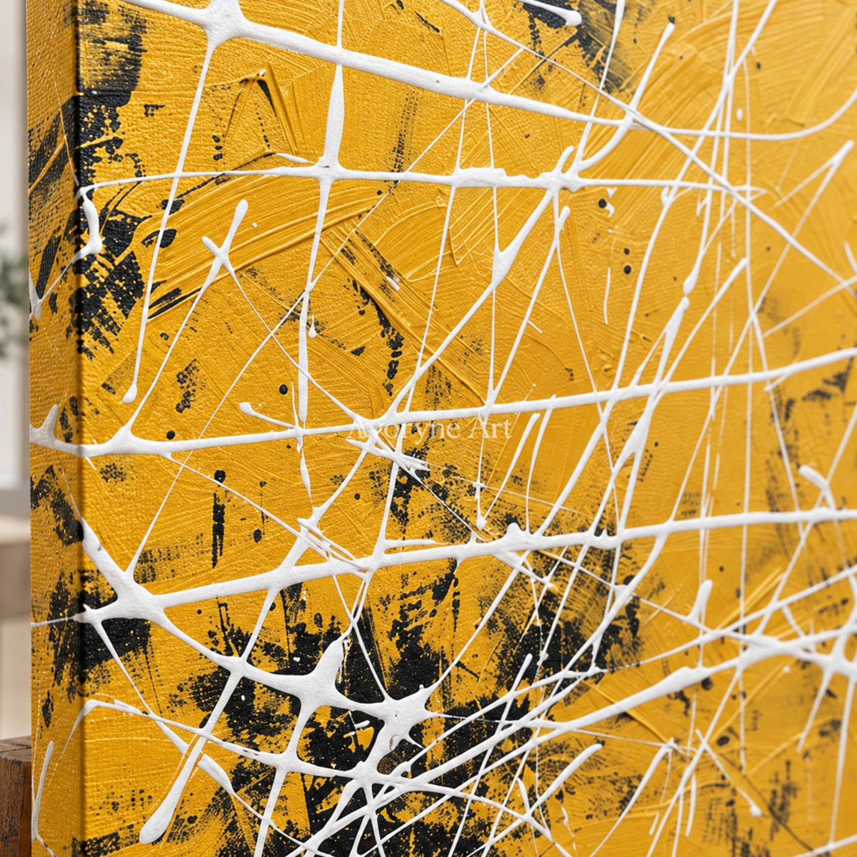 Yellow Frequency: Yellow Textured Abstract Wall Art with White Lines — detail easel