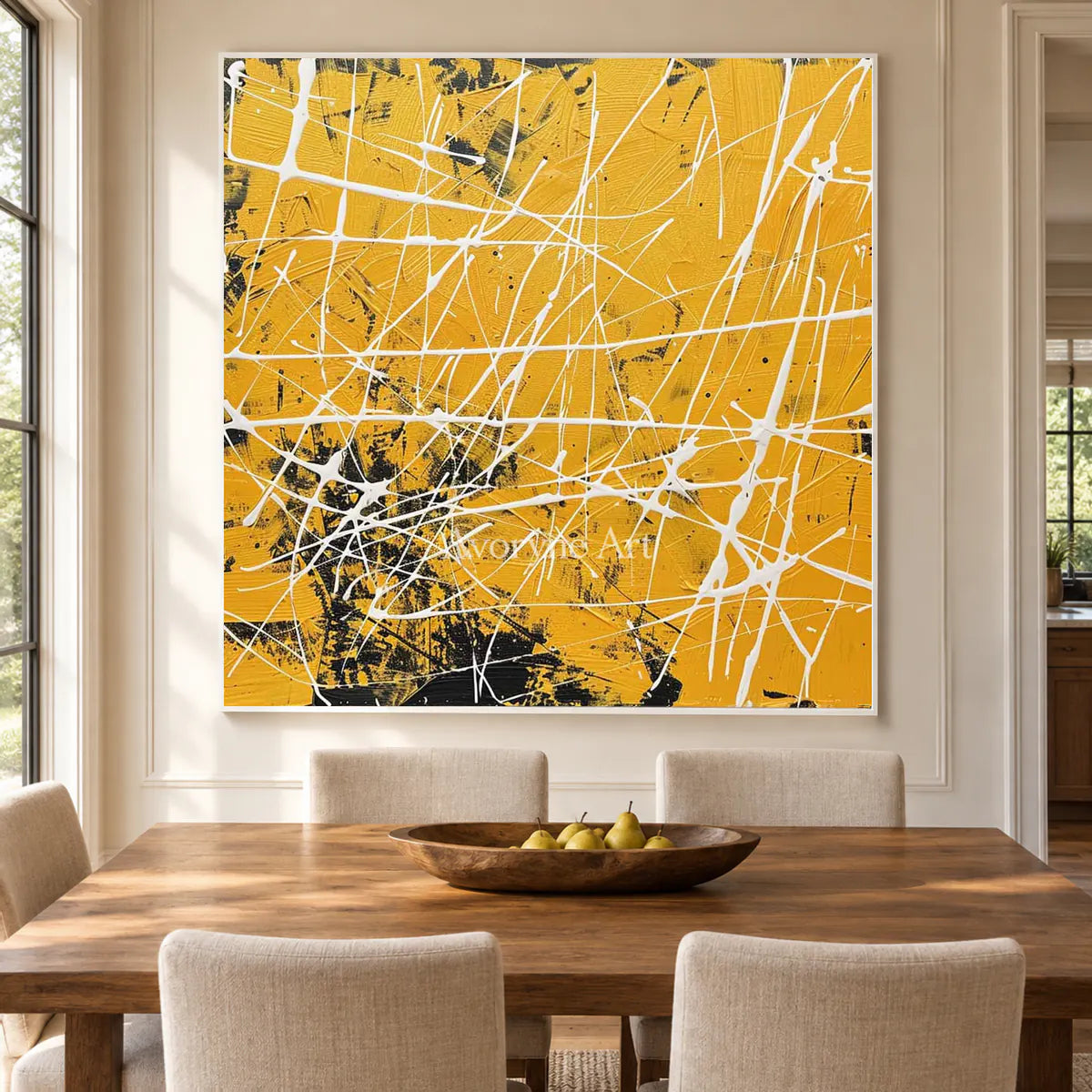 Yellow Frequency: Yellow Textured Abstract Wall Art with White Lines — dining white