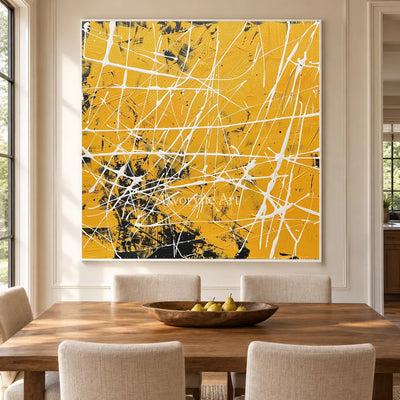 Yellow Frequency: Yellow Textured Abstract Wall Art with White Lines — dining white