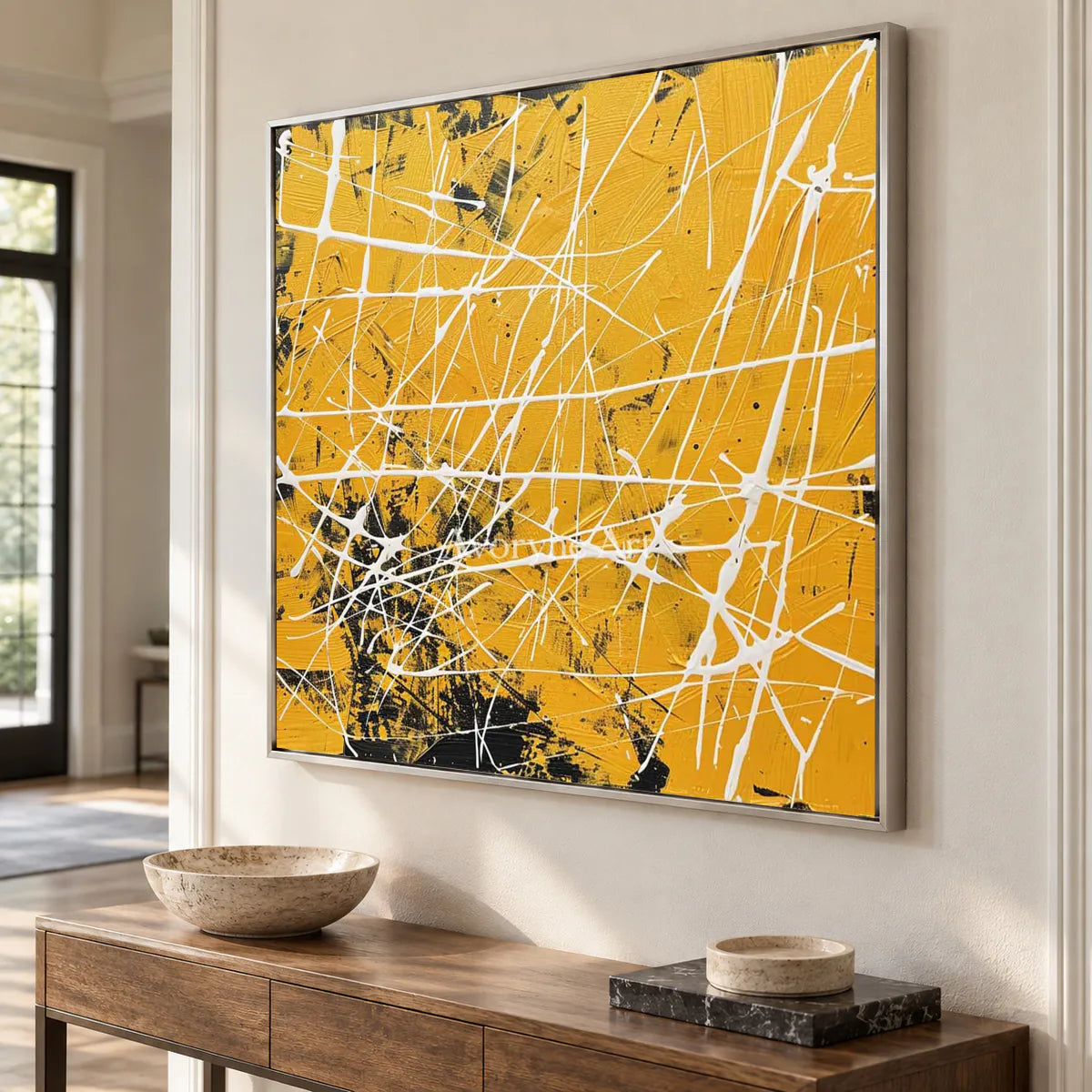 Yellow Frequency: Yellow Textured Abstract Wall Art with White Lines — entry silver