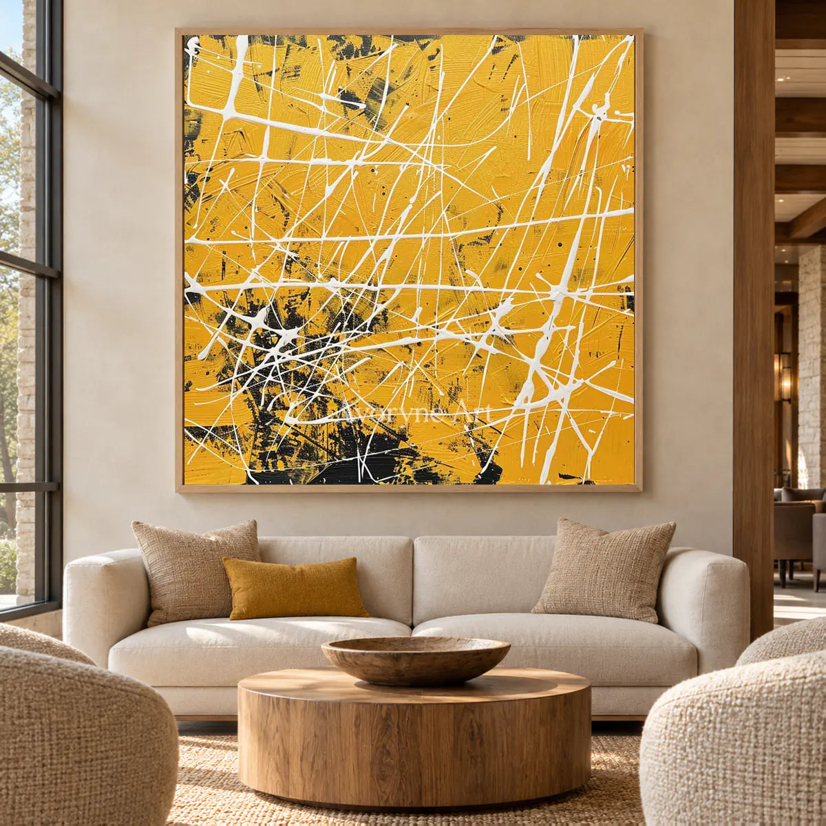 Yellow Frequency: Yellow Textured Abstract Wall Art with White Lines — hotel wood