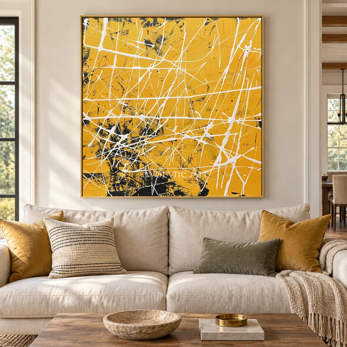 Yellow Frequency: Yellow Textured Abstract Wall Art with White Lines — living gold