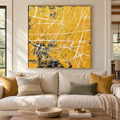 Yellow Frequency: Yellow Textured Abstract Wall Art with White Lines — living gold
