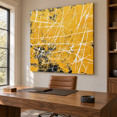 Yellow Frequency: Yellow Textured Abstract Wall Art with White Lines — office frameless